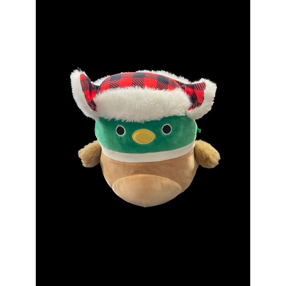 Kellytoy Squishmallow Green Brown Red Plaid Hat Avery The Mallard Duck Plush 8”